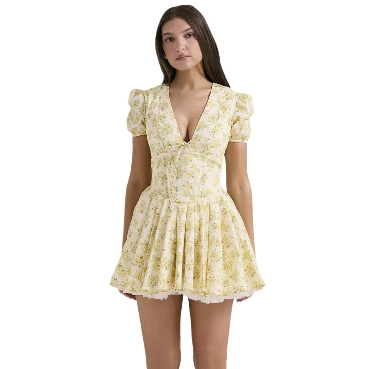 Robe pour femme style français, à fleurs, manches bouffantes, look doux et romantique