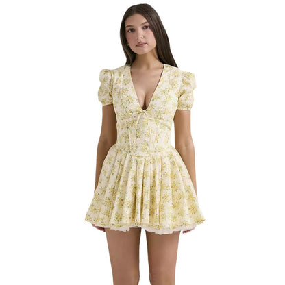 Robe pour femme style français, à fleurs, manches bouffantes, look doux et romantique