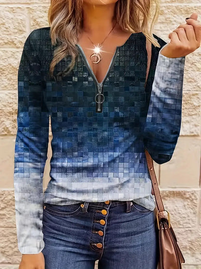 Haut décontracté pour femme, coupe ample, rayures contrastantes, demi‑zip.