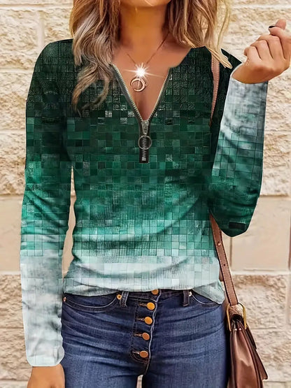 Haut décontracté pour femme, coupe ample, rayures contrastantes, demi‑zip.