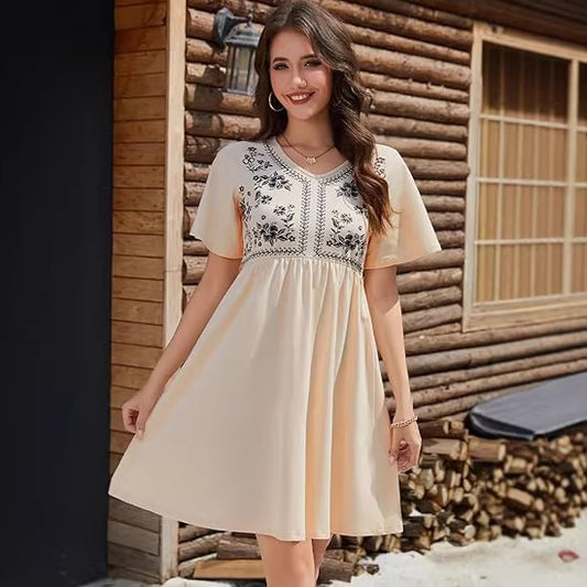 Robe décontractée pour femme à col en V, imprimée, manches courtes, taille marquée et coupe ample.