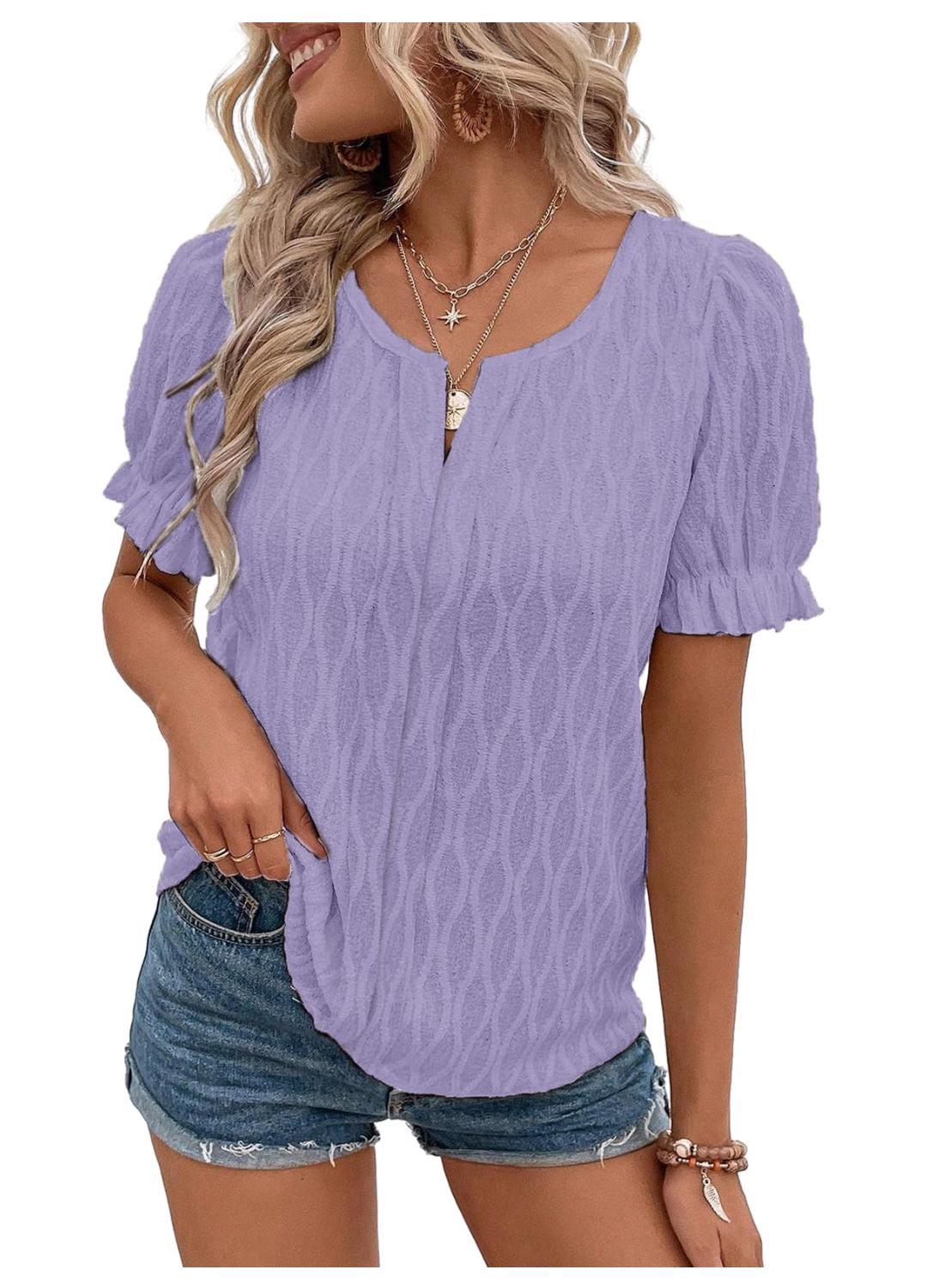 T-shirt col en V pour femme, manches bouffantes, jacquard.