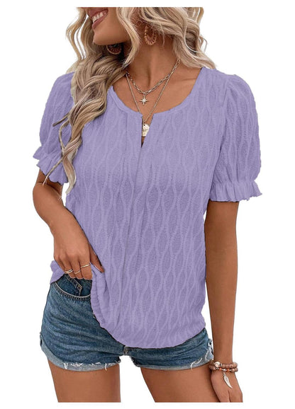 T-shirt col en V pour femme, manches bouffantes, jacquard.