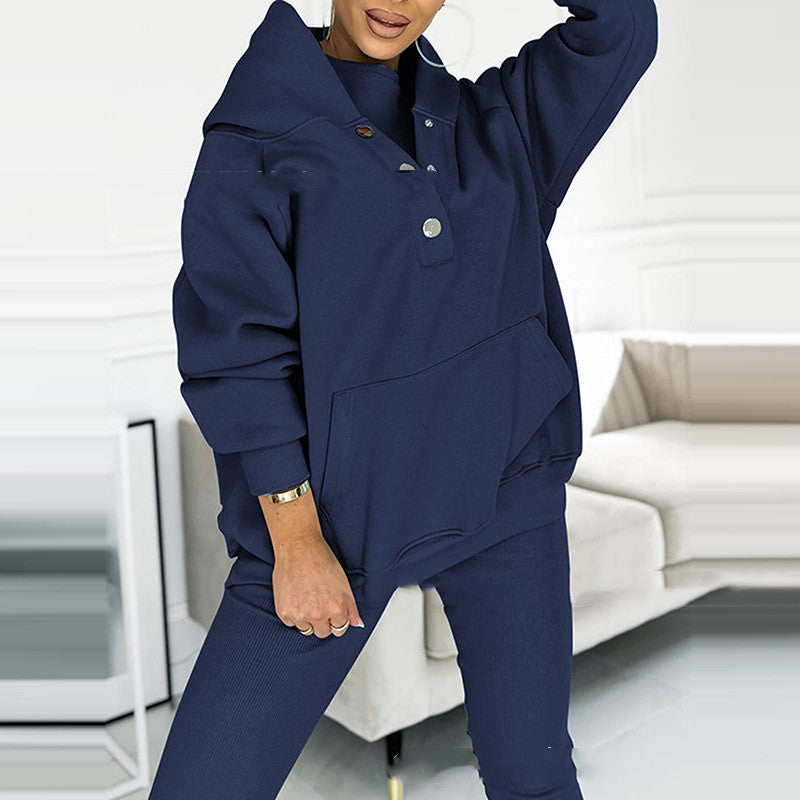 Ensemble de sport pour femme 3 pièces : sweat à capuche ample avec poches, gilet et pantalon slim