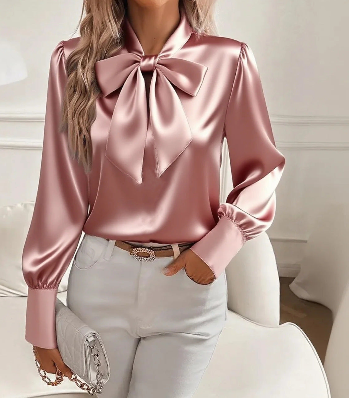 Blouse à nœud papillon, style mode pour le bureau, pull-over à lacets, manches longues pour femme.