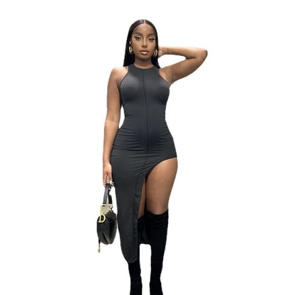 Robe slim pour femme, mode, col rond simple, sans manches, avec empiècements.