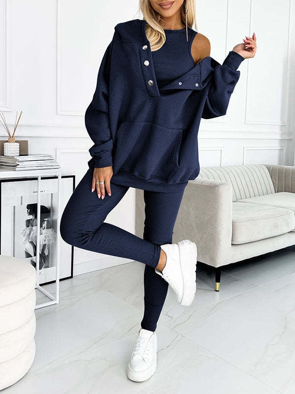 Ensemble de sport pour femme 3 pièces : sweat à capuche ample avec poches, gilet et pantalon slim