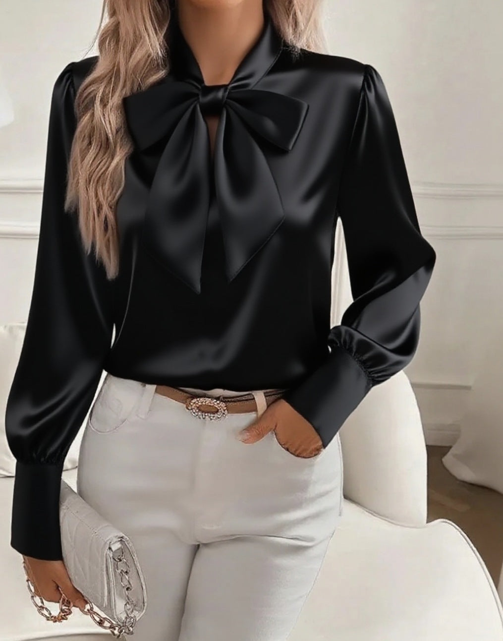 Blouse à nœud papillon, style mode pour le bureau, pull-over à lacets, manches longues pour femme.
