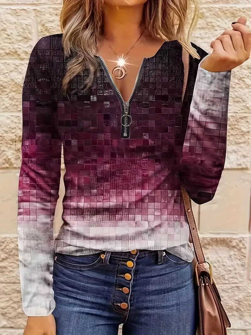 Haut décontracté pour femme, coupe ample, rayures contrastantes, demi‑zip.