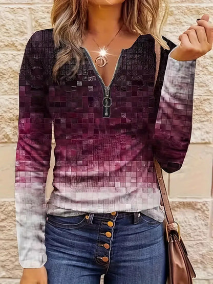 Haut décontracté pour femme, coupe ample, rayures contrastantes, demi‑zip.