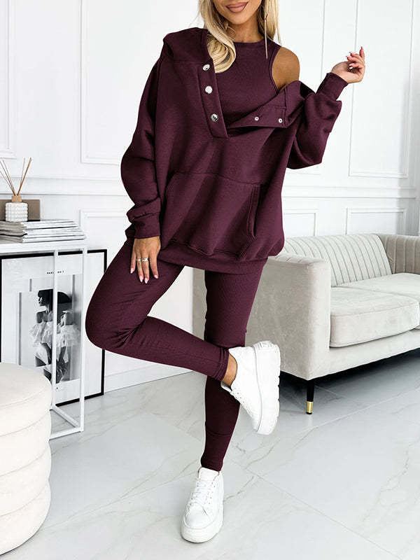 Ensemble de sport pour femme 3 pièces : sweat à capuche ample avec poches, gilet et pantalon slim