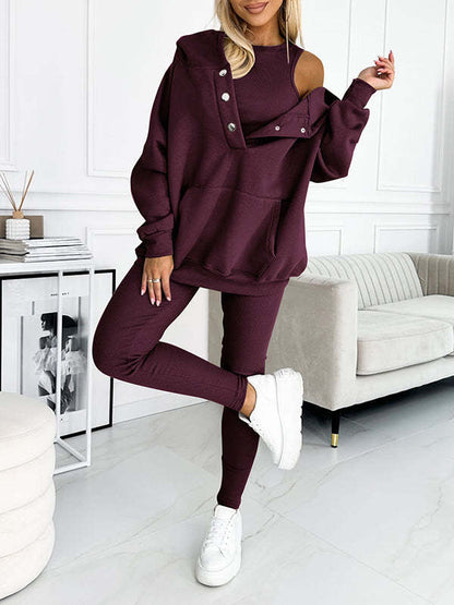 Ensemble de sport pour femme 3 pièces : sweat à capuche ample avec poches, gilet et pantalon slim