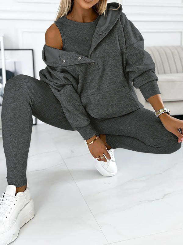 Ensemble de sport pour femme 3 pièces : sweat à capuche ample avec poches, gilet et pantalon slim