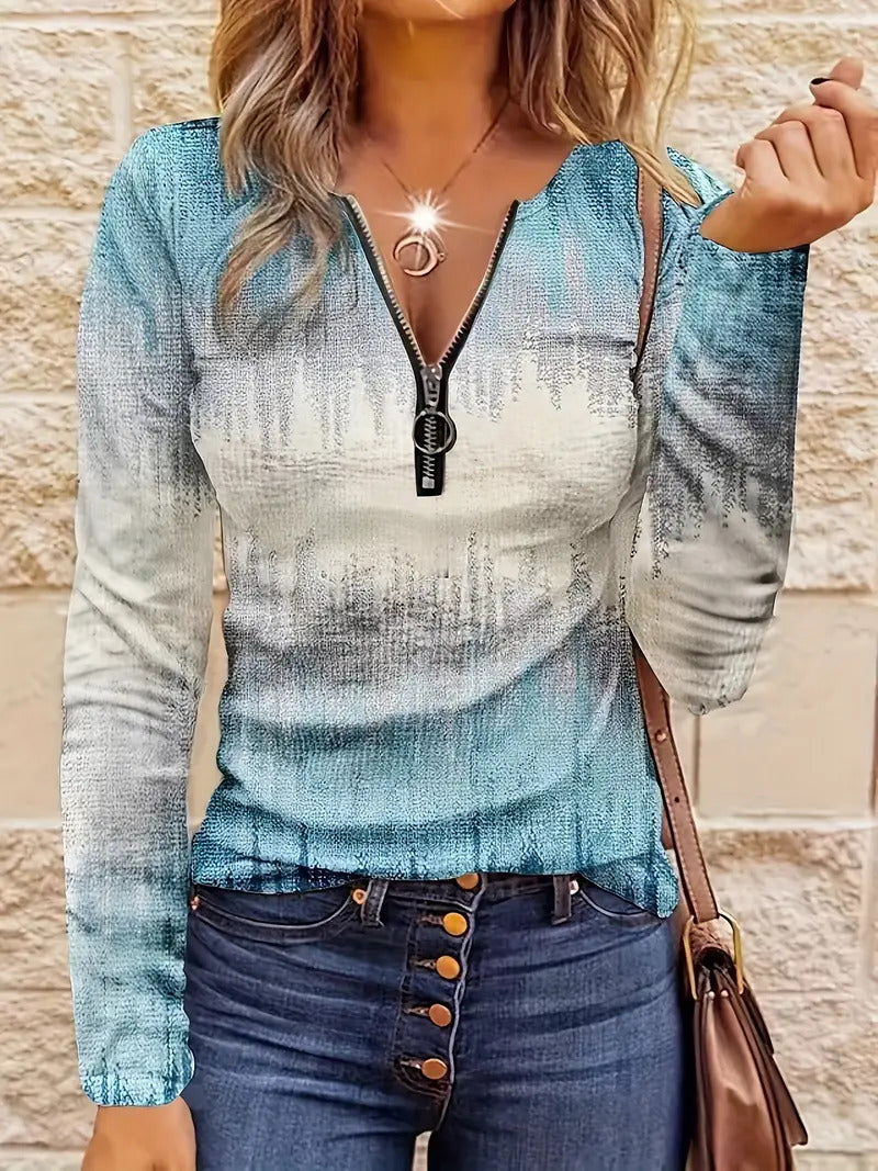 Haut décontracté pour femme, coupe ample, rayures contrastantes, demi‑zip.