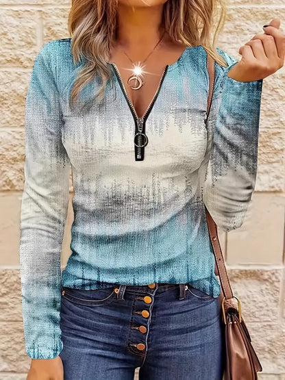 Haut décontracté pour femme, coupe ample, rayures contrastantes, demi‑zip.