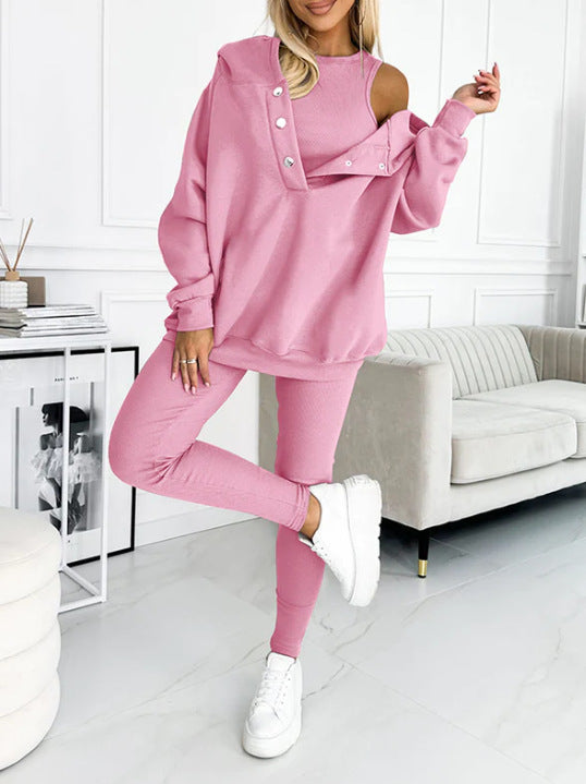 Ensemble de sport pour femme 3 pièces : sweat à capuche ample avec poches, gilet et pantalon slim