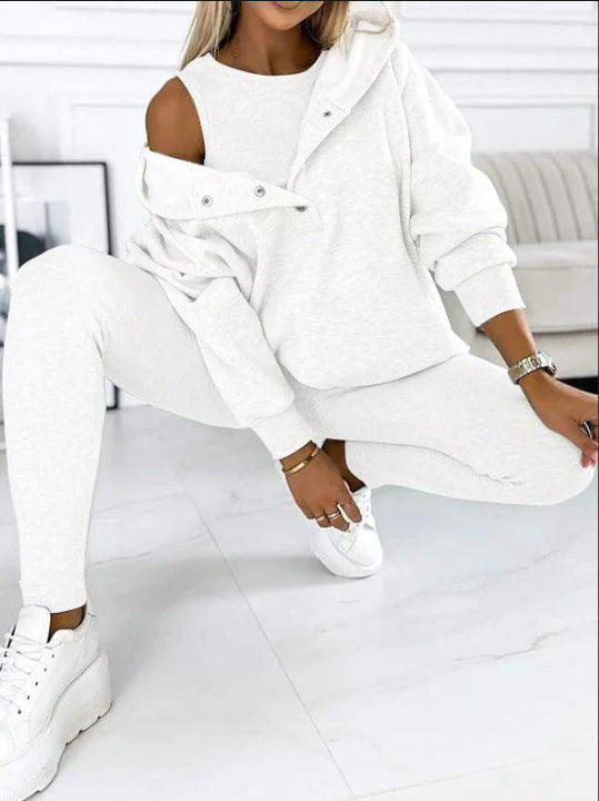 Ensemble de sport pour femme 3 pièces : sweat à capuche ample avec poches, gilet et pantalon slim
