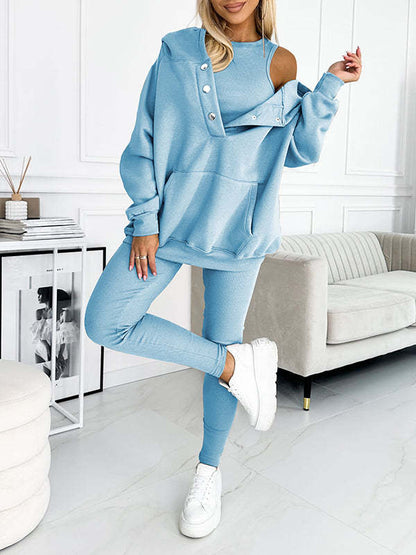 Ensemble de sport pour femme 3 pièces : sweat à capuche ample avec poches, gilet et pantalon slim