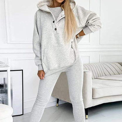 Ensemble de sport pour femme 3 pièces : sweat à capuche ample avec poches, gilet et pantalon slim