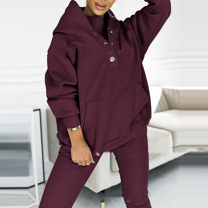 Ensemble de sport pour femme 3 pièces : sweat à capuche ample avec poches, gilet et pantalon slim
