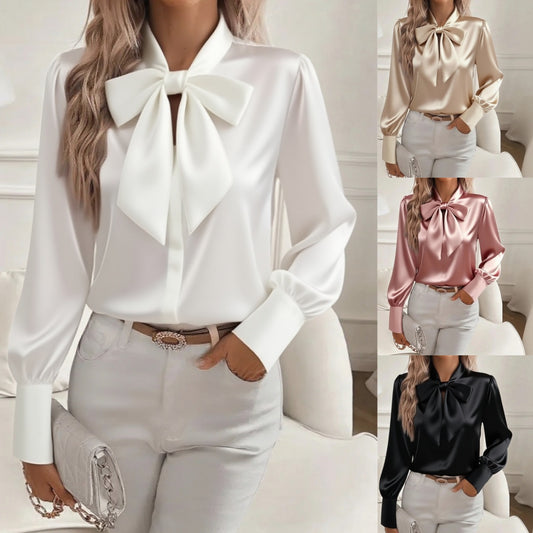 Blouse à nœud papillon, style mode pour le bureau, pull-over à lacets, manches longues pour femme.