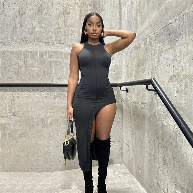 Robe slim pour femme, mode, col rond simple, sans manches, avec empiècements.