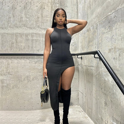 Robe slim pour femme, mode, col rond simple, sans manches, avec empiècements.