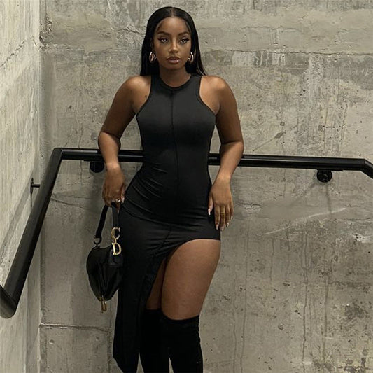 Robe slim pour femme, mode, col rond simple, sans manches, avec empiècements.