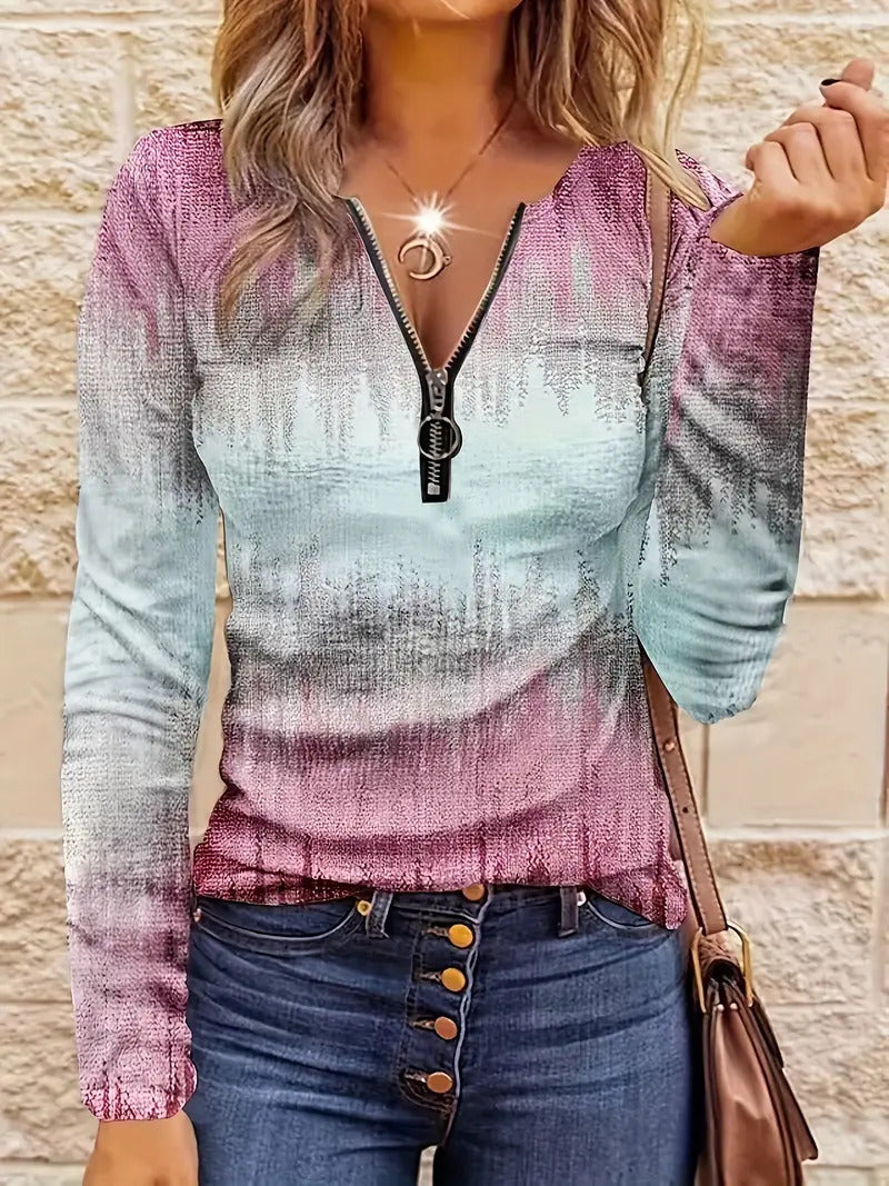 Haut décontracté pour femme, coupe ample, rayures contrastantes, demi‑zip.