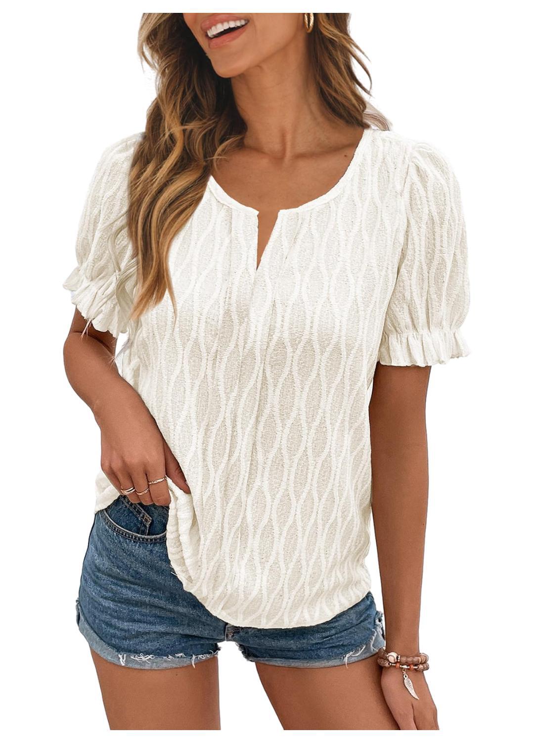 T-shirt col en V pour femme, manches bouffantes, jacquard.