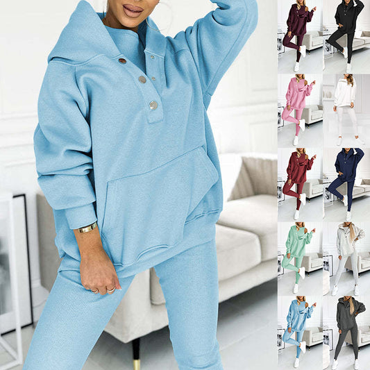 Ensemble de sport pour femme 3 pièces : sweat à capuche ample avec poches, gilet et pantalon slim