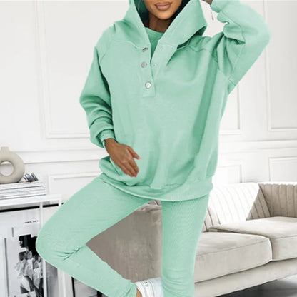 Ensemble de sport pour femme 3 pièces : sweat à capuche ample avec poches, gilet et pantalon slim