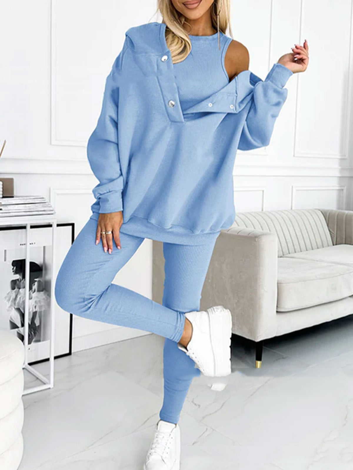 Ensemble de sport pour femme 3 pièces : sweat à capuche ample avec poches, gilet et pantalon slim