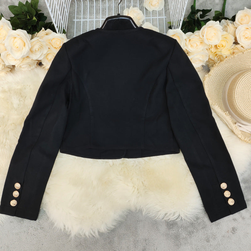 Veste courte en laine pour femme, couleur unie, col rond, facile à assortir.