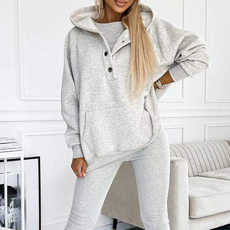 Ensemble de sport pour femme 3 pièces : sweat à capuche ample avec poches, gilet et pantalon slim