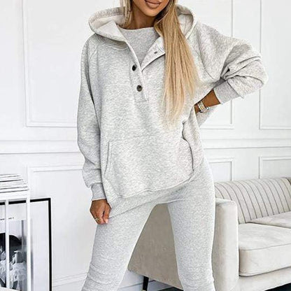 Ensemble de sport pour femme 3 pièces : sweat à capuche ample avec poches, gilet et pantalon slim