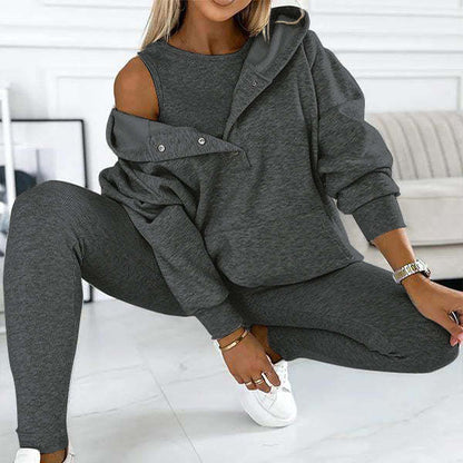 Ensemble de sport pour femme 3 pièces : sweat à capuche ample avec poches, gilet et pantalon slim