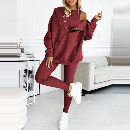 Ensemble de sport pour femme 3 pièces : sweat à capuche ample avec poches, gilet et pantalon slim
