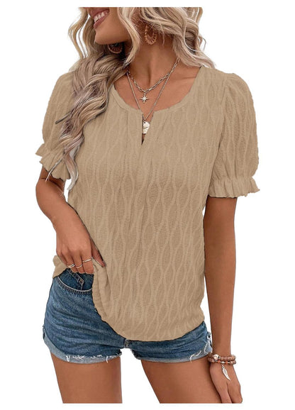 T-shirt col en V pour femme, manches bouffantes, jacquard.