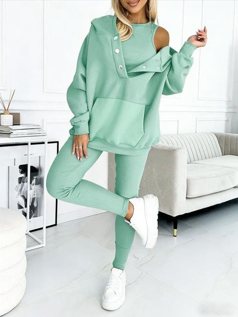 Ensemble de sport pour femme 3 pièces : sweat à capuche ample avec poches, gilet et pantalon slim