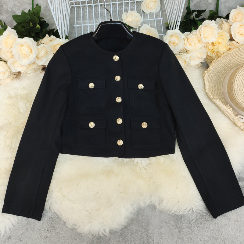 Veste courte en laine pour femme, couleur unie, col rond, facile à assortir.
