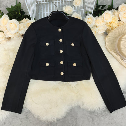 Veste courte en laine pour femme, couleur unie, col rond, facile à assortir.