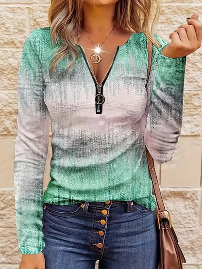 Haut décontracté pour femme, coupe ample, rayures contrastantes, demi‑zip.