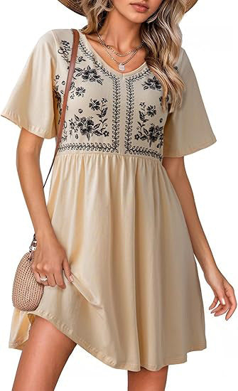 Robe décontractée pour femme à col en V, imprimée, manches courtes, taille marquée et coupe ample.