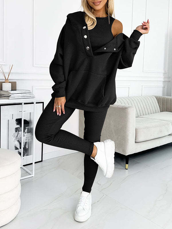 Ensemble de sport pour femme 3 pièces : sweat à capuche ample avec poches, gilet et pantalon slim