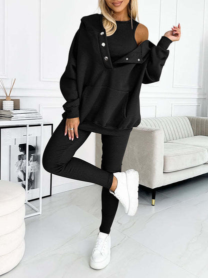 Ensemble de sport pour femme 3 pièces : sweat à capuche ample avec poches, gilet et pantalon slim