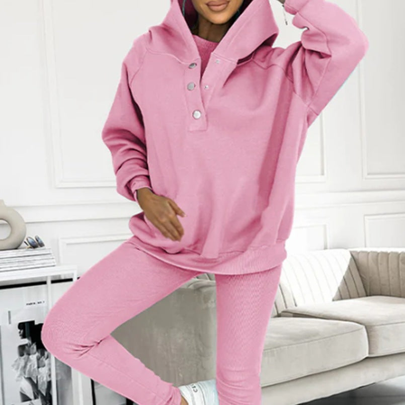 Ensemble de sport pour femme 3 pièces : sweat à capuche ample avec poches, gilet et pantalon slim
