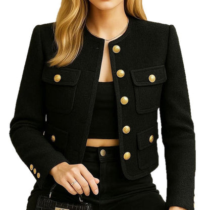 Veste courte en laine pour femme, couleur unie, col rond, facile à assortir.