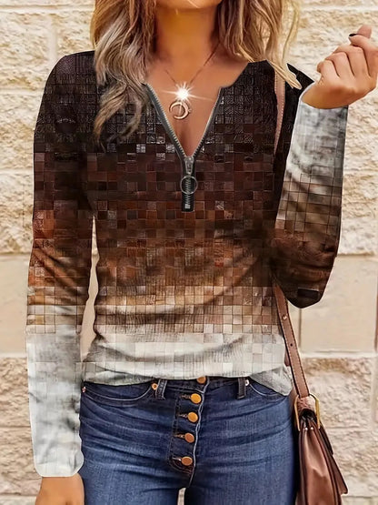 Haut décontracté pour femme, coupe ample, rayures contrastantes, demi‑zip.