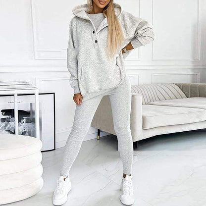 Ensemble de sport pour femme 3 pièces : sweat à capuche ample avec poches, gilet et pantalon slim